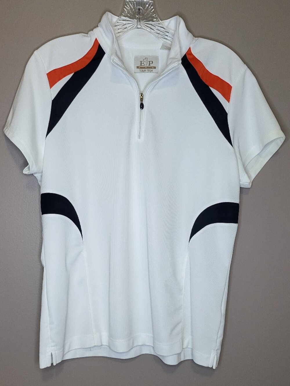 EP Pro Tour Tech White Quarter  Zip Golf Shirt Womens L Navy Orange Performance